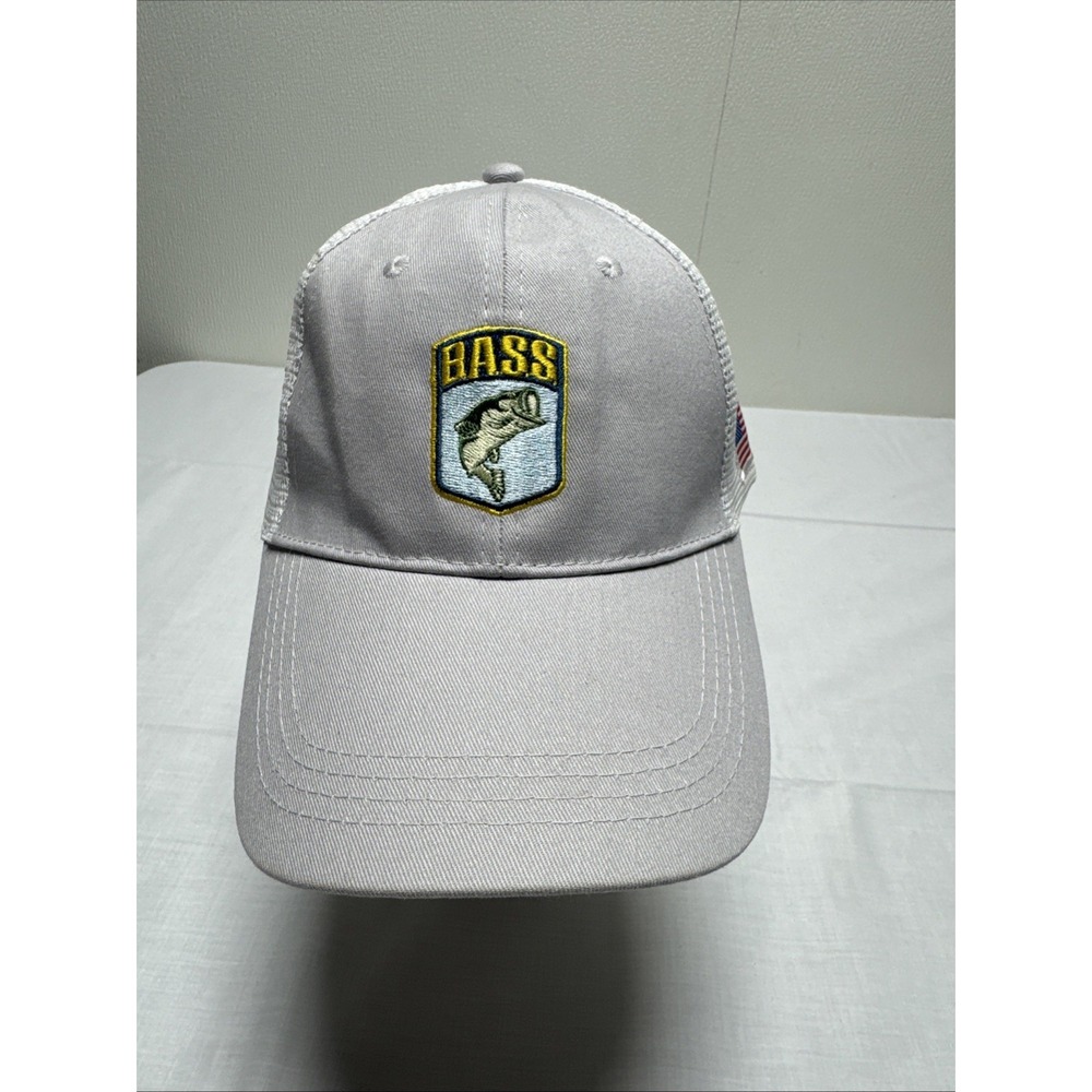 Bass Fishing Logo Mens Hat Cap Mesh Gray White Embroidered Fish Logo adjustable